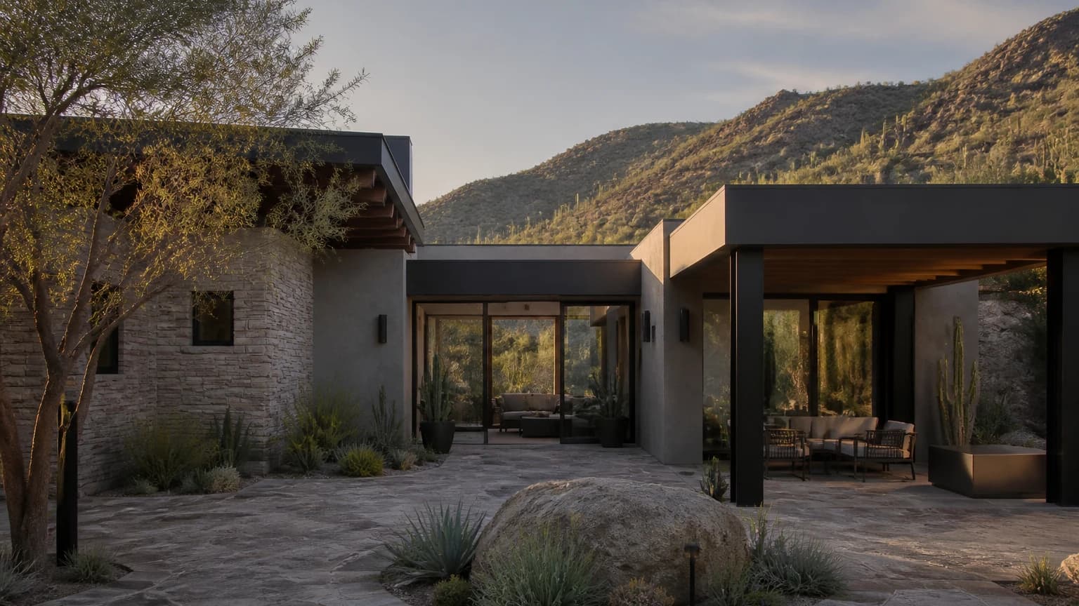 Foothills home integrated into desert terrain and granite boulders